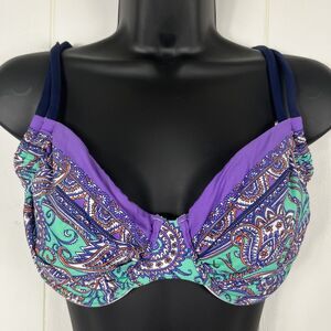Jette Venus Women Bikini Top DD Paisley Purple Teal Underwire Swimsuit Beach